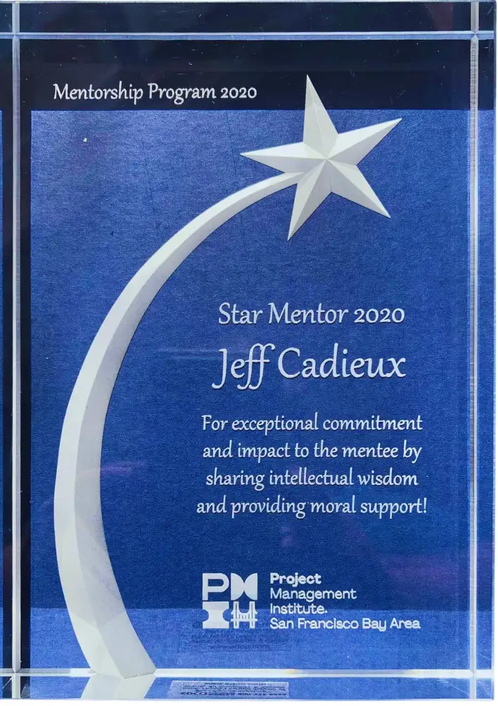 Gantt Academy owner Jeff Cadieux receives Star Mentor Award from PMI San Francisco. Nov 2020